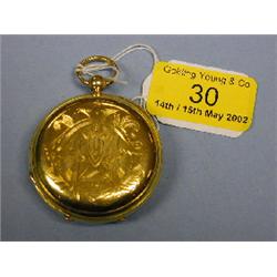 An 18ct gold cased hunter fusee pocket watch, white enamel dial,  Roman numerals, subsidiary sec