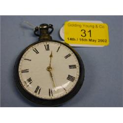 A silver pair cased open face fusee pocket watch, white enamel dial,  Roman numerals, dial scrib