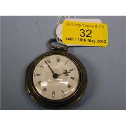 A silver pair cased open face verge pocket watch, white enamel dial,  Roman numerals, beetle han