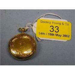 A lady's yellow metal fob watch, white enamel dial with Arabic  numerals, fusee movement scribed