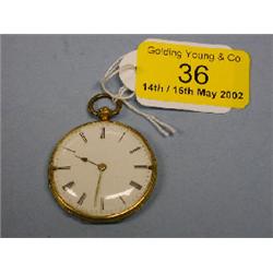 A yellow metal lady's open face fob watch, keywind, white enamel dial  with Roman numerals, move
