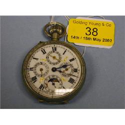 A white metal open faced pocket watch, white enamel dial with  subsidiary day, date, month and s