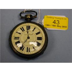 A parcel gilt white metal open face pocket watch, white enamel dial,  heavy Roman numerals, sign