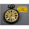Image 1 : A parcel gilt white metal open face pocket watch, white enamel dial,  heavy Roman numerals, sign