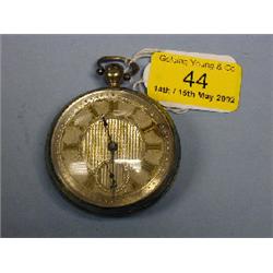 A silver open face fusee pocket watch, damascened silver dial, Roman  numerals, subsidiary secon