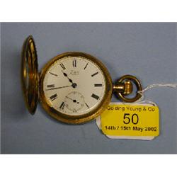 A gold plated half hunter pocket watch, white enamel dial, subsidiary  second hand, Roman numera