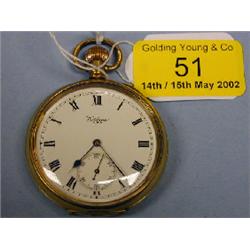 A gold plated open faced pocket watch by Waltham, white dial with  Roman numerals and subsidiary