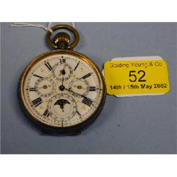 A gun-metal open faced pocket watch, white enamel dial, subsidiaries  for day, date and month, s