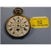 Image 1 : A gun-metal open faced pocket watch, white enamel dial, subsidiaries  for day, date and month, s