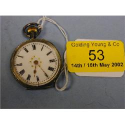 A Swiss silver lady's open faced fob watch with rococo style bright  cut and engine turned decor