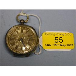 A Swiss silver open face lady's fob watch, keywind, with silvered  dial, golden Roman numerals,