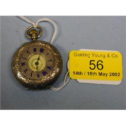 A silver half hunter lady's fob watch, the white enamel dial having  Roman numerals and a floral