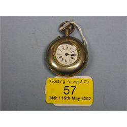 A silver plated open faced lady's fob watch, the white enamel dial  with Roman numerals.