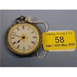 A Swiss silver open faced pocket watch, the white enamel dial having  Roman numerals with centra