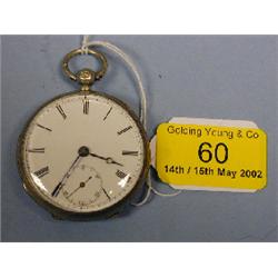A silver open face fusee pocket watch having a white enamel dial,  Roman numerals, subsidiary se