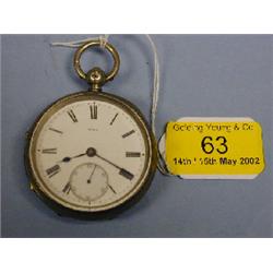 A silver open face pocket watch with white enamel dial, Roman  numerals, subsidiary second hand,