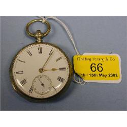 A silver open faced fusee pocket watch with white enamel dial, Roman  numerals, subsidiary secon