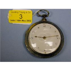 A silver pair cased open face verge pocket watch, white enamel dial,  arabic numerals, pierced