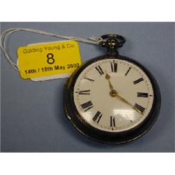 A silver pair cased open face verge pocket watch, white enamel dial,  Roman numerals, pierced a