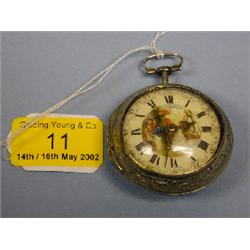A silver pair cased open face verge pocket watch, the outer case with  rococo scrolling and a ta