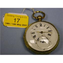 A gilt metal open face verge pocket watch, white enamel dial with  off-set hour and minute dial