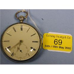 A silver open faced fusee pocket watch, white enamelled dial with  Roman numerals, subsidiary se