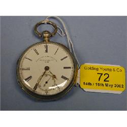 A silver open faced fusee pocket watch, white enamel dial (some  damage), Roman numerals, subsid