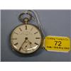 Image 1 : A silver open faced fusee pocket watch, white enamel dial (some  damage), Roman numerals, subsid