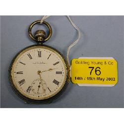 An open faced silver pocket watch, white enamel dial, Roman numerals,  subsidiary second hand, j