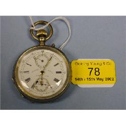 An open face Swiss silver pocket watch, white dial, with subsidiary  seconds and date dials, sig