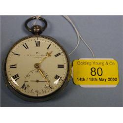 A silver open faced fusee pocket watch, white enamel dial, Roman  numerals, subsidiary second ha