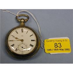 A silver open face pair cased fusee pocket watch, white enamel dial,  Roman numerals subsidiary