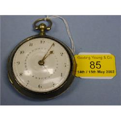 A silver open face pair cased verge pocket watch, white enamel dial,  Arabic numerals, central d