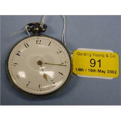A silver open face verge pocket watch, white enamel dial with Roman  numerals, movement having d