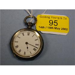 A lady's silver open faced fob watch, white enamel dial, Roman  numerals, key wind, London 1876.