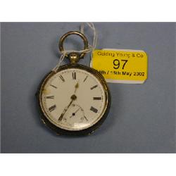 A silver open face lever pocket watch, key wind, white enamel dial,  Roman numerals, subsidiary