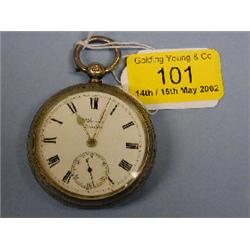 A silver open face pocket watch, white enamel dial, Roman numerals,  subsidiary second hand, sign