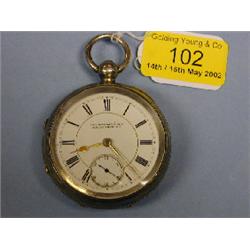 A silver open face pocket watch, key wind, white enamel dial, Roman  numerals, subsidiary second