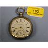 Image 1 : A silver open face pocket watch, key wind, white enamel dial, Roman  numerals, subsidiary second