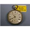 Image 1 : A silver open face pocket watch, key wind, white enamel dial, Roman  numerals, subsidiary second