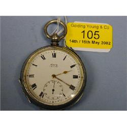 A silver cased open faced pocket watch, key wind, white enamel dial,  Roman numerals, subsidiary