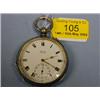 Image 1 : A silver cased open faced pocket watch, key wind, white enamel dial,  Roman numerals, subsidiary