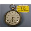 Image 1 : A silver open face pocket watch, key wind, white enamel dial, Roman  numerals, subsidiary second