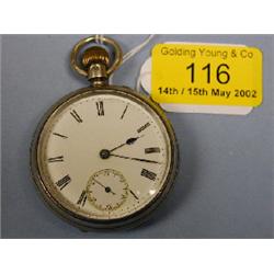 A silver open face pocket watch, bezel wind, white enamel dial, Roman  numerals, subsidiary secon