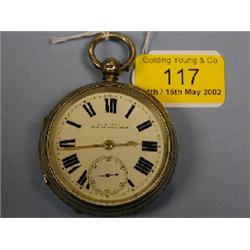 A silver open face fusee pocket watch, white enamel dial, heavy Roman  numerals, subsidiary, jewe