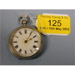 A silver cased open face lady's fob watch, with dial, Roman numerals,  key wind movement, London