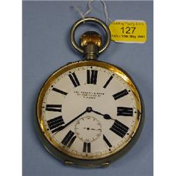 An oversized plated cased pocket style watch, white enamel dial,  Roman numerals, subsidiary seco