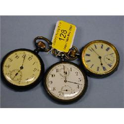 Three gun-metal pocket watches, bezel wind.