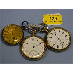 Three open face pocket watches, 2 gold plated, one gilt with fusee  movement.
