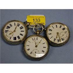 Three silver cased, open face pocket watches, 2 gezel wind, 1 fusee.